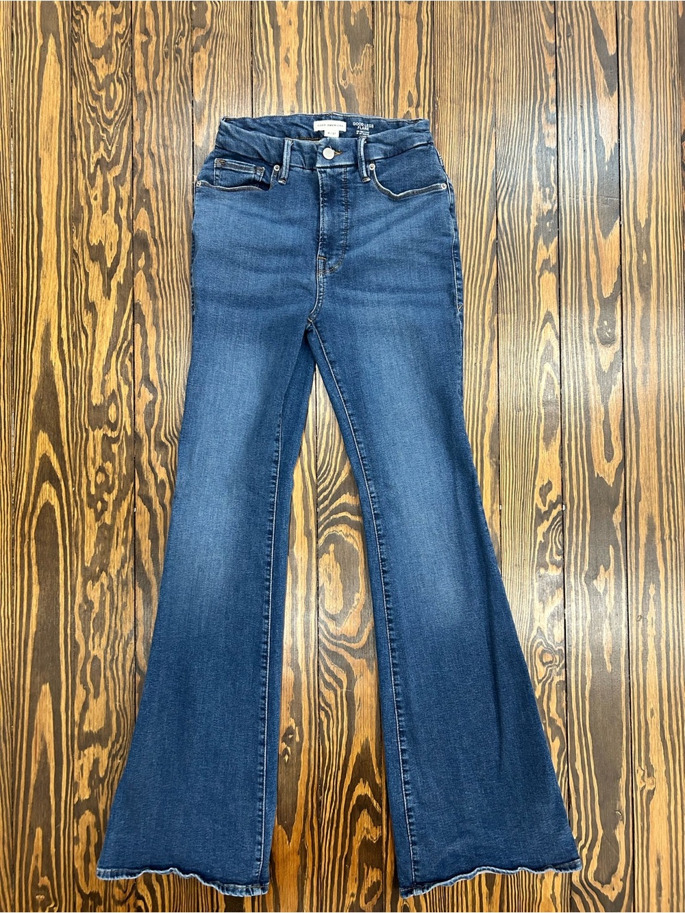 Good American Dark Blue High-Rise Flare Jeans
